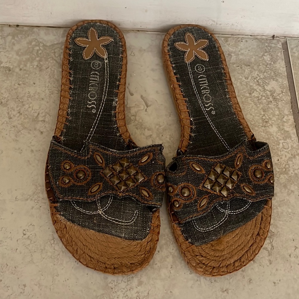 Casual Denim and Brown Slip-On Sandals with Stud Detail